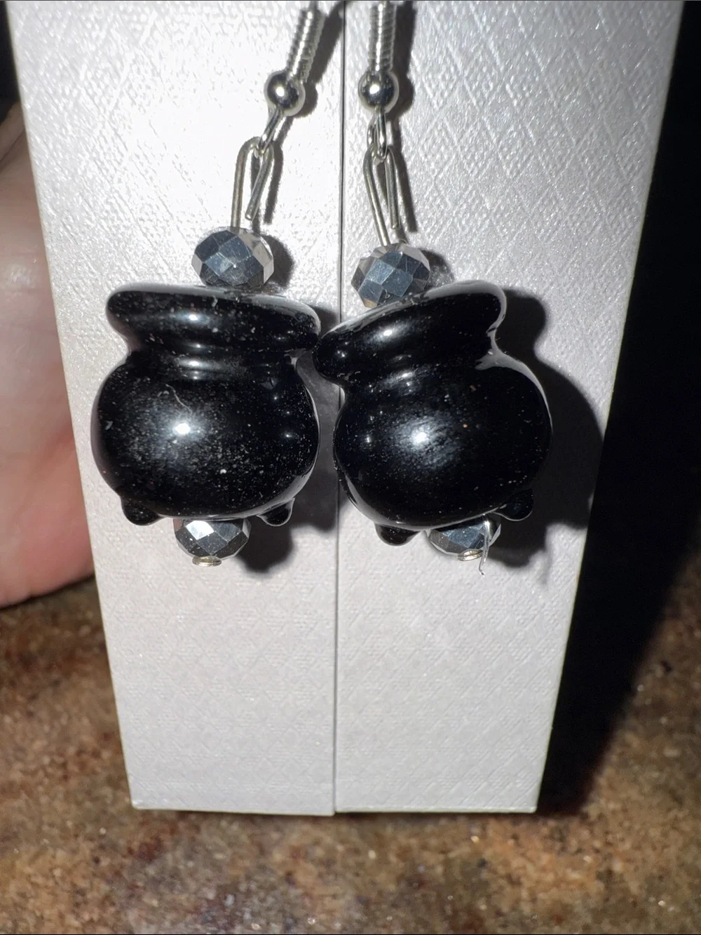 Black Witch Cauldron Glass silver Halloween Dangle Earrings
